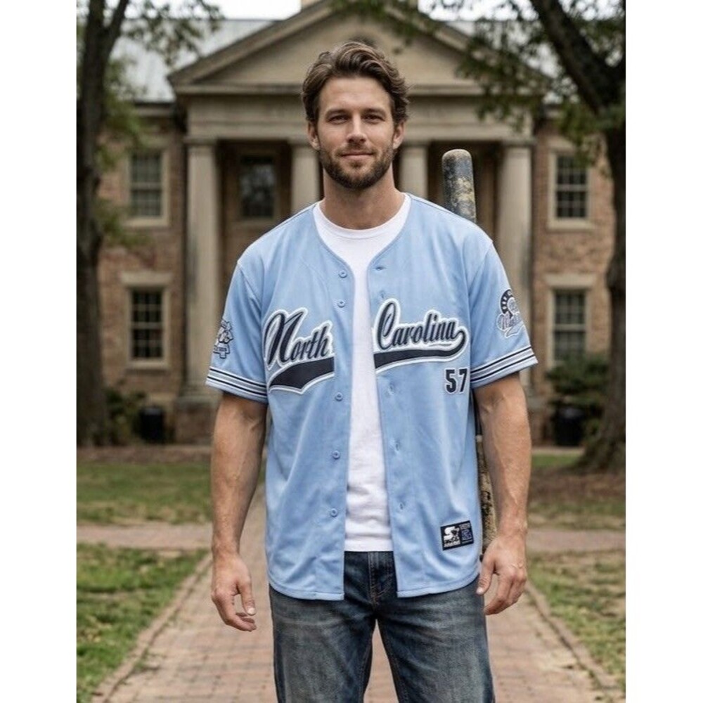 Starter UNC Tar Heels Baseball Jersey Stitched #57 Carolina Blue Mens XL Vtg